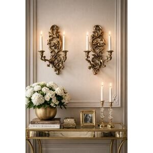 Vintage Hollywood Regency Double Sconces, Gold Rococo Style, Glam Baroque Decor